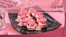  Presentation with closeup of foosball table soccer - Theme having pink law - table with tasty sweets prepared background and a coral colored foreground