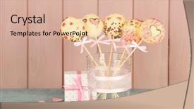  Presentation with cake - Theme enhanced with pink love - tasty cake pops and gift background and a coral colored foreground