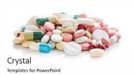  Presentation with white pills spilled from pills - Theme with pink pharmacy - different pills isolated on white background and a  colored foreground