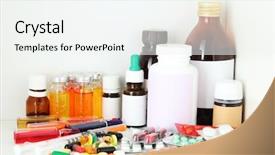  Presentation with medical pharmacy - PPT layouts enhanced with pink pharmacy - medical bottles and pills background and a white colored foreground