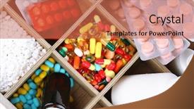  Presentation with medical pills - Audience pleasing PPT theme consisting of pink pharmacy - medical pills ampules in wooden backdrop and a coral colored foreground