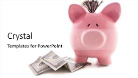  Presentation with stuck - PPT theme having pink piggy bank standing on dollars with dollar note stuck in it on white background background and a white colored foreground