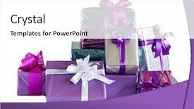  Presentation with festive - Colorful presentation enhanced with pink purple - stack of festive gift boxes backdrop and a white colored foreground