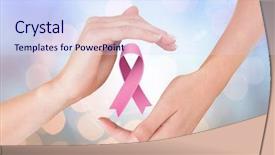  Presentation with pink ribbon hands - Audience pleasing PPT theme consisting of pink ribbon for breast cancer backdrop and a sky blue colored foreground