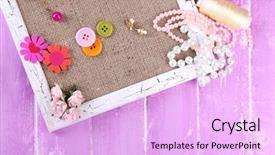  Presentation with scrapbooking - Theme featuring pink ribbon memory - scrapbooking craft materials and wooden background and a  colored foreground