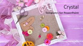  Presentation with scrapbooking - Presentation theme having pink ribbon memory - scrapbooking craft materials and wooden background and a  colored foreground