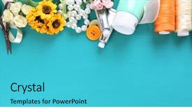  Presentation with scrapbooking - Theme with pink ribbon memory - scrapbooking craft materials on color background and a cyan colored foreground