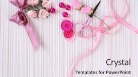  Presentation with scrapbooking - Slide deck consisting of pink ribbon memory - scrapbooking craft materials on light background and a  colored foreground