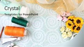  Presentation with scrapbooking - Presentation having pink ribbon memory - scrapbooking craft materials on light background and a  colored foreground