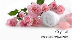  Presentation with singled green pink rose - Audience pleasing PPT layouts consisting of pink rose on towel candle backdrop and a white colored foreground