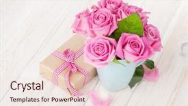  Presentation with pink roses - PPT theme featuring pink roses bouquet and gift background and a lemonade colored foreground