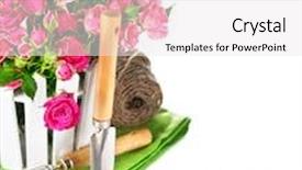  Presentation with garden tools - Colorful PPT theme enhanced with pink roses with garden tools isolated on white background backdrop and a white colored foreground