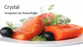  Presentation with salmon dish - Theme having pink salmon bit on a big white dish background and a white colored foreground