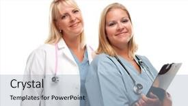  Presentation with nurses - Beautiful slides featuring pink stethoscope - two friendly doctors or nurses backdrop and a  colored foreground