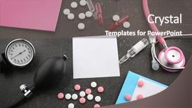  Presentation with medicines - PPT theme enhanced with pink stethoscope medicines sphygmomanometer background and a gray colored foreground