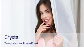  Presentation with curtains - Presentation design with cheerful pretty young woman with long hair in pink top standing behind curtains and smiling background and a sky blue colored foreground