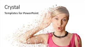  Presentation with ear - Colorful presentation enhanced with pink triangle - surprised woman overhearing something backdrop and a white colored foreground