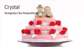  Presentation with pink wedding - Slide set with pink wedding cake with red roses and bear bride and groom on top isolated over white background background and a white colored foreground