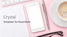  Presentation with smartphone app - Cool new presentation with pink-workplace-desk-table backdrop and a sky blue colored foreground