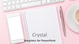  Presentation with smartphone app - Colorful slide set enhanced with pink-workplace-desk-table backdrop and a white colored foreground