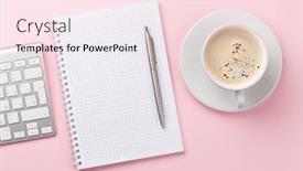  Presentation with workplace - Amazing PPT theme having pink-workplace-desk-table backdrop and a lemonade colored foreground