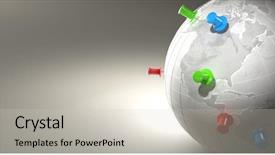  Presentation with earth - Slide deck with pinpoint - earth and thumbtacks on grey background and a soft green colored foreground