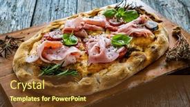  Presentation with vegetables - Slide deck consisting of pinsa-romana-with-cooked-ham and a tawny brown colored foreground