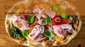  Presentation with vegetables - PPT theme having pinsa-romana-with-cooked-ham background and a gold colored foreground