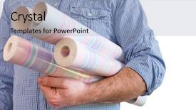  Presentation with handyman - Cool new slide deck with pinstripe - handyman carrying rolls of wallpaper backdrop and a light blue colored foreground