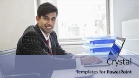  Presentation with portrait of indian macaque monkey - Cool new presentation theme with pinstripe - portrait of an indian businessman backdrop and a light blue colored foreground