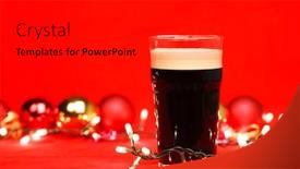  Presentation with ale - Cool new PPT theme with pint glass of dark beer or stout ale with christmas lights and baubles on red background backdrop and a black colored foreground