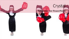 Presentation with nun - Cool new PPT theme with pious - nun with boxing gloves isolated backdrop and a  colored foreground