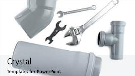  Presentation with plumber - Presentation theme with plastic pipe - plumber's items on white background background and a light gray colored foreground