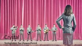  Presentation with woman leader - Presentation theme consisting of pipe band - man orchestra playing different music background and a coral colored foreground