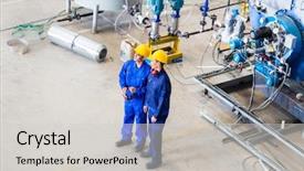  Presentation with factory workers - Theme enhanced with pipe industry - two workers in industrial factory background and a light gray colored foreground