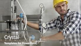  Presentation with polygraph lie detector machine - Amazing slide set having pipe inspection - young male worker examining machine backdrop and a gray colored foreground