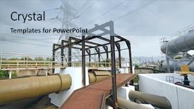  Presentation with construction pipeline - Colorful slides enhanced with pipeline construction - steel path at outdoor industry backdrop and a light blue colored foreground