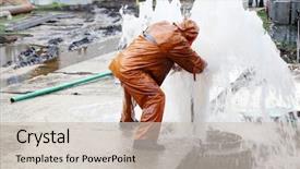  Presentation with breakthrough - Presentation having pipeline construction - worker in overalls eliminates breakthrough background and a soft green colored foreground