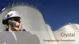  Presentation with oil tanks - Audience pleasing PPT theme consisting of pipelineengineering - engineer talking in mobile-phone backdrop and a lemonade colored foreground