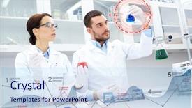  Presentation with clinical research - Amazing slide deck having science chemistry and people concept - young scientists with pipette and flask making test or research in clinical laboratory with charts backdrop and a sky blue colored foreground