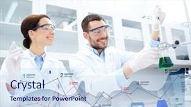  Presentation with clinical research - Amazing presentation design having science chemistry and people concept - young scientists with pipette and flask making test or research in clinical laboratory with charts backdrop and a sky blue colored foreground