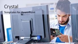  Presentation with hard disk drive - PPT layouts featuring piracy - technician with broken hard drive background and a light blue colored foreground