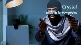  Presentation with computer security shield antivirus - Beautiful slide set featuring piracy - terrorist burglar with gun working backdrop and a ocean colored foreground
