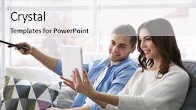  Presentation with tablet - Slides having piracy - young couple with tablet watching background and a white colored foreground