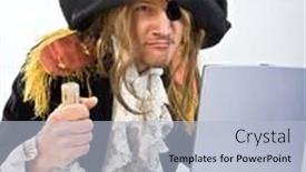  Presentation with pirate - Colorful PPT layouts enhanced with pirate attacking with a knife a laptop computer backdrop and a light blue colored foreground