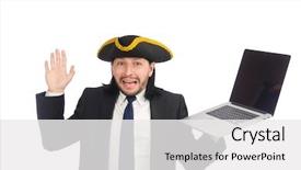  Presentation with pirate - Audience pleasing presentation design consisting of pirate businessman holding laptop isolated on white backdrop and a white colored foreground