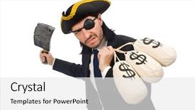  Presentation with butcher - Amazing slides having pirate businessman holding money bags and butcher's knife isolat backdrop and a white colored foreground