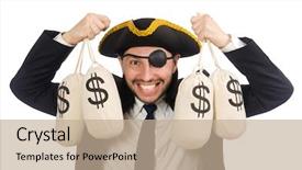  Presentation with pirate - Beautiful slides featuring pirate businessman holding money bags isolated on white backdrop and a coral colored foreground