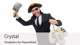  Presentation with butcher - Slides featuring pirate businessman holding money bags and butcher's knife isolat background and a white colored foreground