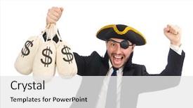  Presentation with pirate - Audience pleasing PPT theme consisting of pirate businessman holding money bags isolated on white backdrop and a white colored foreground